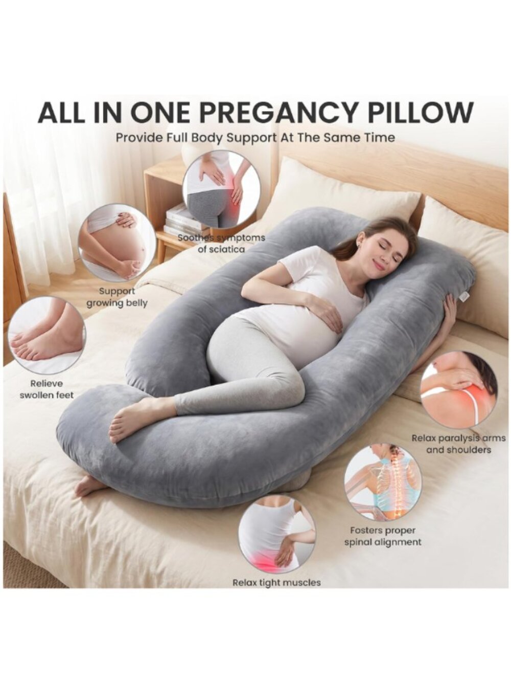 59” U-Shaped Pregnancy Pillow Maternity Full Body Support Pillow Gray